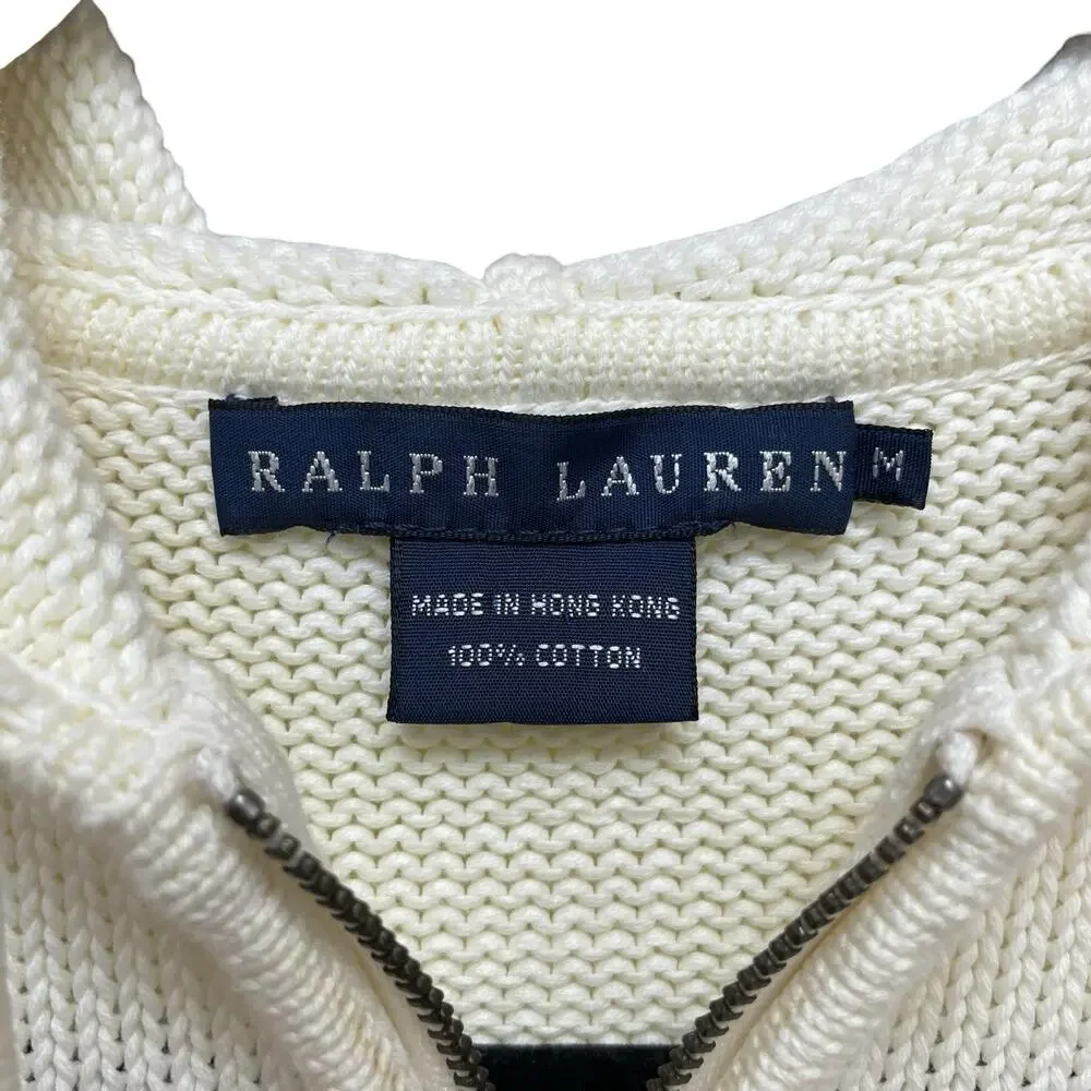 Vintage Ralph Lauren Pure Cotton Knit Zip Up Hooded Jacket White Medium AS IS